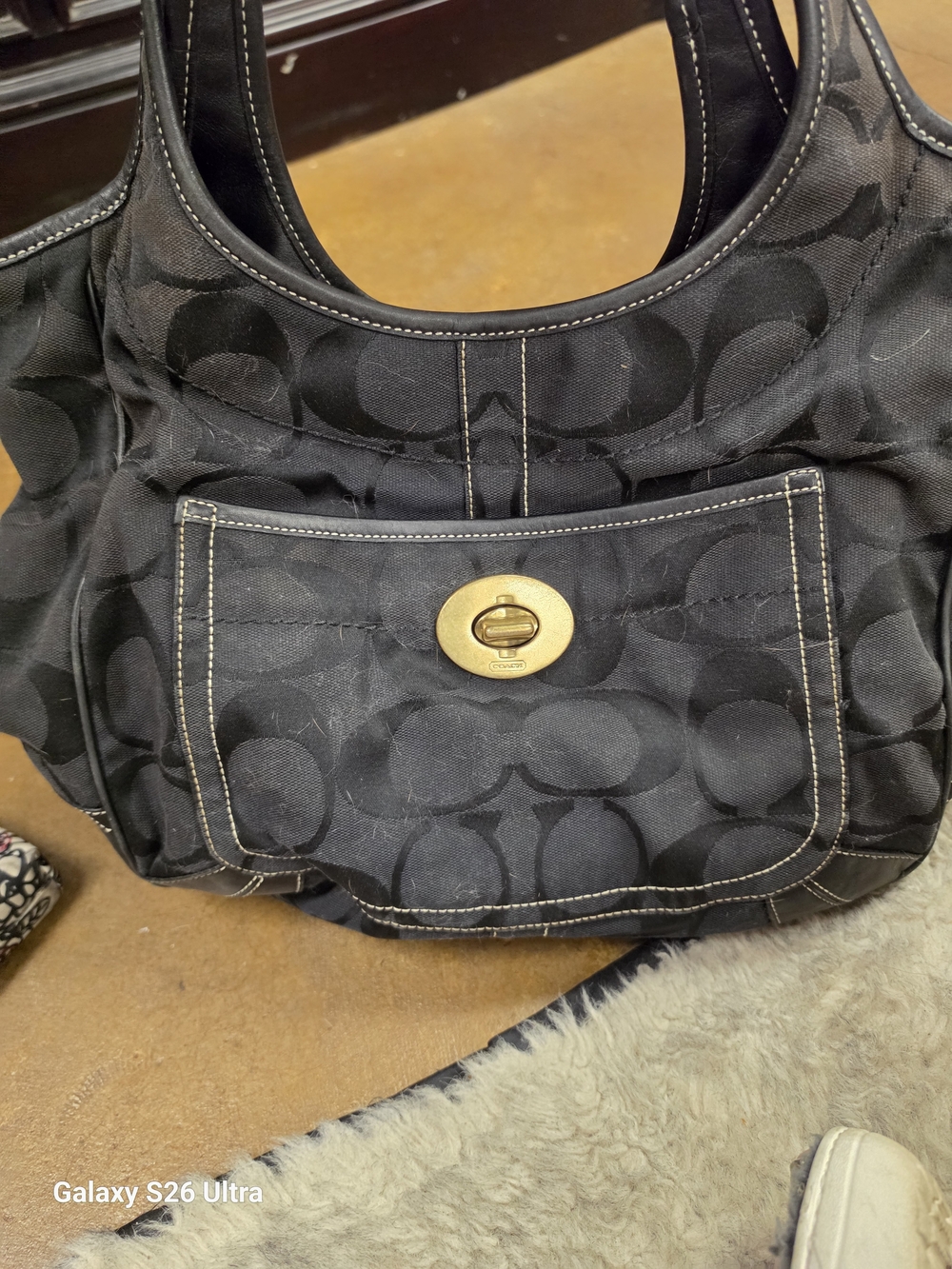 Coach Black Signature Canvas Hobo with Gold Turnlock
